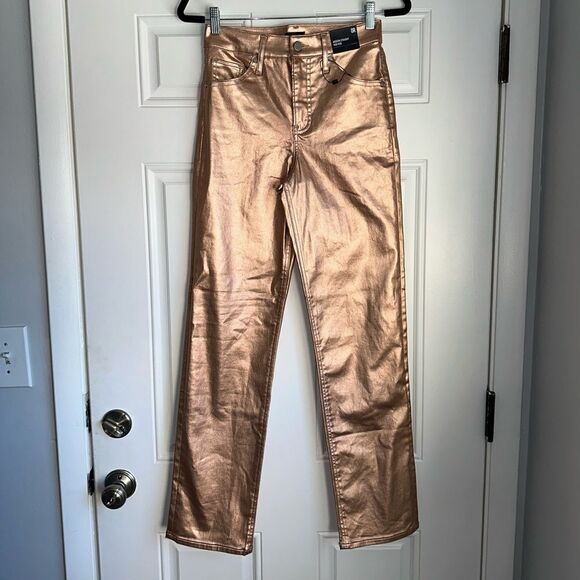 NWT EXPRESS SIZE 0 High Waisted Metallic Coated Modern Straight Jeans rose gold - Picture 3 of 7